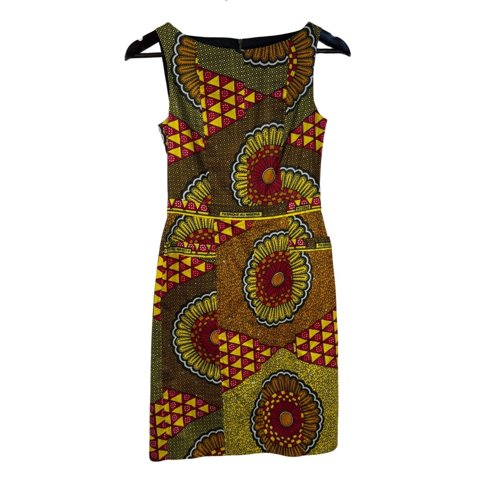 Zachary's Smile White Label African Print Dress Size 2 Cotton Sheath Midi